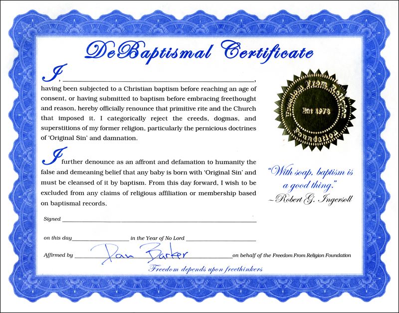 'debaptism' Certificate Gaining Popularity Among Nonreligious - Toledo 