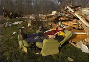 Last Sunday's storms spared Ralph Shields' favorite chair but left little else of the home they built in 1964. Mr. Shields and his wife, Grace, survived by taking shelter in the basement of the home of Van Wert's Zook Road.