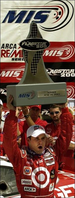 Casey Mears won the ARCA Flagstar 200 yesterday, and has the trophy to prove it.