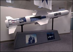 A mock-up of a harpoon missile is displayed at the Teledyne Continental Motors-Turbine Engines facility on Laskey Road. Teledyne makes the turbo jet engines for the missiles.