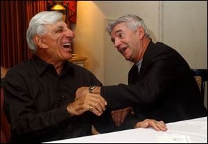 COMIC ACT: Actor Jamie Farr, left, and comic Tom Dreesen share a joke at a private party after the gala for the LPGA event in Mr. Farr's name.