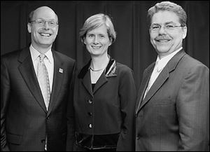 Mercy Health Partners  hospital CEOs, from left: Jeff Peterson of St. Vincent Mercy Medical Center, Karen Connors of St. Anne Mercy, and David Ameen of St. Charles Mercy. The hospitals were recognized by the J.D. Power and Associates Distinguished Hospital program.