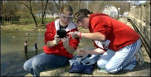 Michelle Renollet, left, and Kristin Martin, both 13, check the water's alkalinity and acidity. 