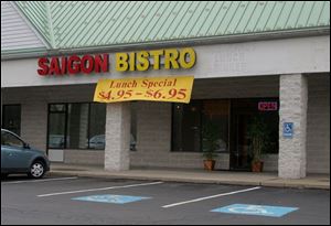 Located in a strip mall, Saigon Bistro is modestly appointed, with blue-painted walls in the dining room adorned by several eye-catchers: a shadowbox filled with plaster fruit, gorgeous bamboo curtains, and a stunning enamel mural alight with silver birds.
