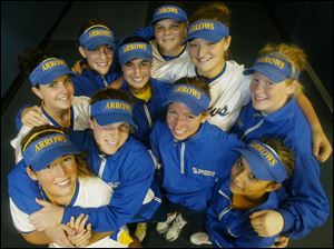 The starting lineup for St. Ursula s softball team includes (front, from left) Chelsey Jones, Kelly Krueger, Corey Monarch, Chastity Guerrero; (middle) Bridget Rattay, Alyssa Schultz, Hayley Wiemer, Audrey Tucholski; (back) Alyssa Frobase, Siera Reichler. The Arrows have compiled a 26-2 record.
