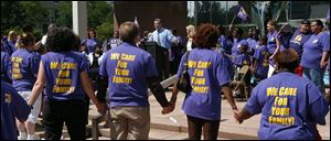 BIZ seiu08p Dave Regan President-Seiu/District 1199 speaking at the rally in front of the Government Center on Jackson Tuesday 06/07/05 The Blade/Don Simmons