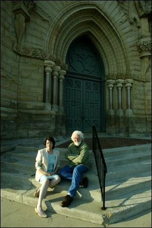 Molly Schiever and Seamus Metress, co-editors of <i>The Irish in Toledo</i>, outside the historic St. Patrick Church, an anchor for Irish immigrants in Toledo.