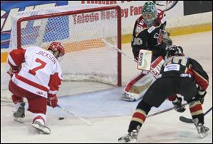 Toledo's Todd Jackson probably will never again see an empty goalmouth like this one last night at the Sports Arena. He scores as Andy Franck is drawn to the other side of the goal. 