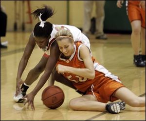 Central's Sharise Calhoun, left, fouls Southview's Mandi Lisk as they battle for a loose ball in the second 
quarter last night. Lisk scored 12 points for the undefeated Cougars, who advance to play Scott.