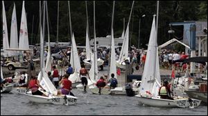 Participants in a 2005 regatta head into the Put-in-Bay Yacht Club after a week of racing.
