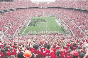 Ohio State Marching Band performs before a game at Ohio Stadium in Columbus, Ohio.