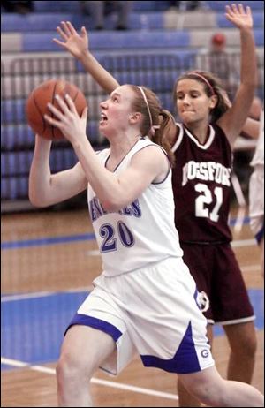 AW s Allison Papenfuss, who scored 14 points, drives past Rossford s Kelsey Wiegand.
