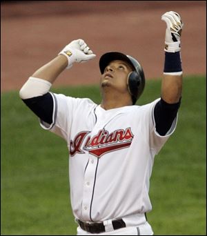 Victor Martinez looks skyward after a first-inning homer.