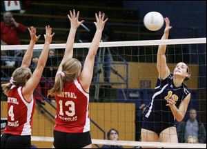 Notre Dame s Jessie Batanian tries to hit past Central  Catholic s Ashley Sujkowski. Batanian is second on the team with 169 kills.