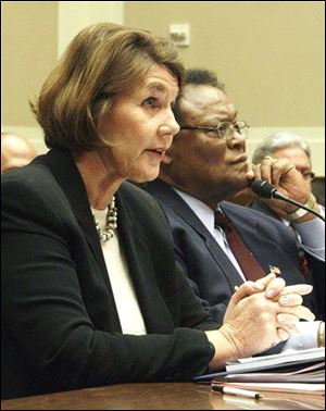 Acting Consumer Product Safety Commission Chair Nancy Nord, accompanied by Consumer Product Safety Commissioner Thomas Moore, testifies on Capitol Hill.