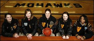 LEFT: The play is the thing at Stryker, where, from left, Haley
Meyers, Kasey Hageman, Molly Boetz and Megan Boetz have
starring roles. ABOVE: St. Wendelin, with, from left, Cookie
Geroski, Lindsay Schiefer, Jordan Geroski, Dani Papenfus and
Francena Tate, has been winning by wide margins.