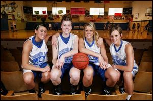 LEFT: The play is the thing at Stryker, where, from left, Haley Meyers, Kasey Hageman, Molly Boetz and Megan Boetz have starring roles. ABOVE: St. Wendelin, with, from left, Cookie Geroski, Lindsay Schiefer, Jordan Geroski, Dani Papenfus and Francena Tate, has been winning by wide margins.