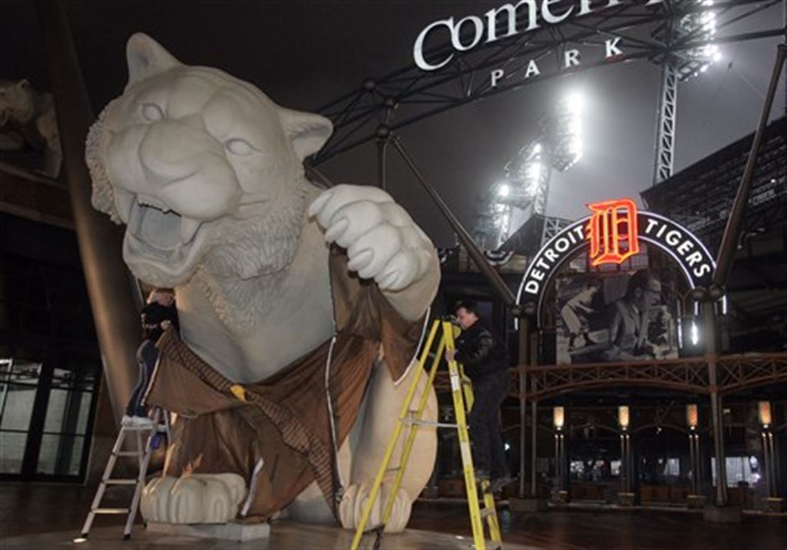 Opening Day in front of the tiger statue