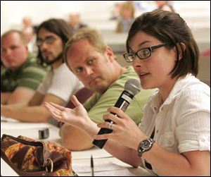 Leah Lederman, 24, a masters student in English literature and a composition teacher of undergrads, says that the strategic planning commission needs student input and volunteers to participate. She spoke during Tuesday's 'town hall' meeting at UT's Health Science campus.