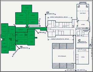 Parts of the Commodore structure to be demolished are in green, with Louisiana Avenue to the left and Indiana Avenue at the top. Torn down will be the original part built in 1894, a section that was added in 1916, and a science wing built in 1991.