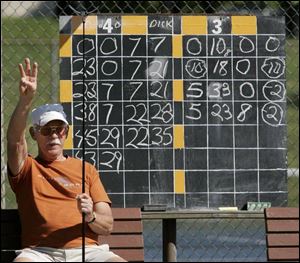 John Speer of Punta Gorda, Fla., signals the score during
the game.