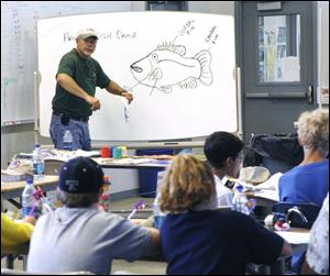 Rick Kleinsmith explains fish to the youths at the workshop.