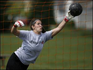 Slug: NBR soccerwars31p A                                          The Blade/Jeremy Wadsworth  Date: 07/25/08  Caption: Michelle Duncan of Toledo competes The Ohio Goalie War Challenge Tournament Friday, 07/25/08,  at the Rivercrest Fields in Perrysburg, Ohio.