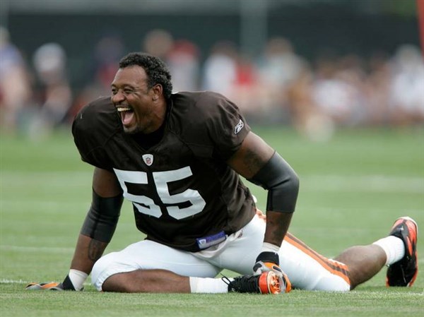 Former NFL player Willie McGinest talks about the Cleveland Browns on NFL  Network during practice at the NFL football team's training facility  Wednesday, July 31, 2019, in Berea, Ohio. (AP Photo/Ron Schwane