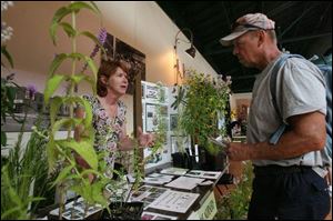 Jan Hunter, co-owner of Naturally Native Nursery in Bowling Green, talks with Bill Laudick of Holland about landscaping. 