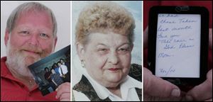 Jim Majo shows off a photograph, left, of his half brothers; his birth mother, Ruth Diaz, center, and her husband, Paul Diaz. Mrs. Diaz sent the photograph and inscribed the back of it, right.