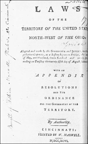 The title page of  The Maxwell Code,  which was printed in 1795. It was the first book printed in what is now Ohio.