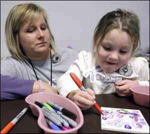 Slug: CTY nicu13p C                                        The Blade/Jeremy Wadsworth  Date: 11/012/08  Caption: Paula  Samples, NICU nurse, helps her daughter Madison, 4, decorate a tile during a reunion for  patients of the St. Vincent's Children's Hospital Newborn Intensive Care Unit (NICU) that helped mark Prematurity Awareness Day Wednesday, 11/12/08, in Toledo, Ohio.