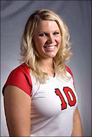 nbr AMANDA MICK     received 12/11/2008   handout photo   ***   NOT BLADE PHOTO      Amanda Mick, Defiance, Ohio, High School graduate, playing as a sophmore on the Owens Community College volleyball team.