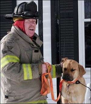 A Toledo firefighter responding to a blaze helped a dog that was left outside in the bitter cold. 