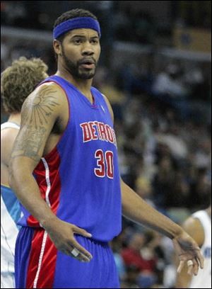 Pistons center Rasheed Wallace reacts after being called for his first technical foul against the Hornets in the second half Wednesday night in New Orleans.