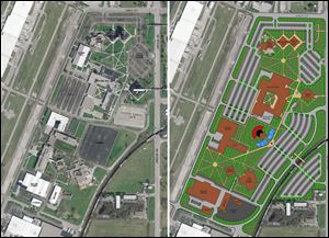 BEFORE (Left): This is how Owens Community College s Perrysburg Township campus looked. Penta Career Center s former land lies below Second Street, the horizontal road bisecting the photo.
AFTER (Right): Second Street will be gone, along with Penta s Main
Hall. Parking will be toward the campus  edges . Green space
and room to congregate will be emphasized in the center.