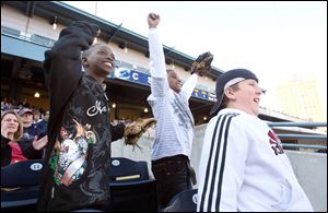 From left, Richard Hackney, Keyaunte Jones, and Wesley Doxsie were rockin  the Hen House at the home opener at Fifth Third Field last night in Toledo. The record crowd of 13,100 wasn t enough to keep the Hens from falling to Columbus. 