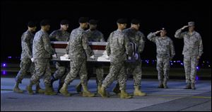 An Army Corps carry team carries the transfer case containing the remains of U.S. Army Pfc., Eric W. Hario, of Monroe, Mich., during a casualty return ceremony at Dover Air Force Base, Del., Monday, Aug. 31, 2009. According to the Department of Defense, Hario, died during Operation Enduring Freedom. (AP Photo/Luis M. Alvarez