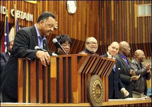 The Rev. Jesse Jackson tells an audience at the UAW hall that Toledo deserves the same attention as Afghanistan, Iraq, and Wall Street, which he said benefited from targeted intervention.
<br>
<img src=http://www.toledoblade.com/graphics/icons/photo.gif> <font color=red><b>PHOTO GALLERY</b></font>: <a href=