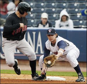 Indianapolis' Neil Walker makes it back safely to first base ahead of a throw to Toledo's Jeff Larish in the fifth inning.