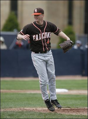 A jubilant Kevin Leady reacts after striking out a Toledo player during yesterday's game, when the Rockets fell to the Falcons 4-2. For Leady, it marked the first time in 20 months he played competitive baseball after having Tommy John surgery.