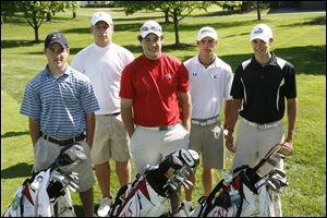 Among the Owens Community College golfers are, from left, Patrick Stacy of Findlay, Nick Speck of Middleton Township, Torey Brummett of Oregon, Kyle Laberdee of Bowling Green, and Brooks Gardner of Bowling Green.