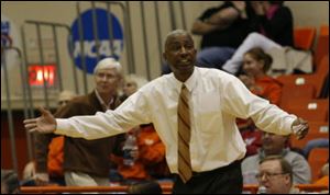 BGSU men's basketball coach Louis Orr contests a referee's call in a February game in this file photo.