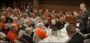 Ohio State coach Jim Tressel speaks Monday at a luncheon sponsored by the Pro Football Hall of Fame.