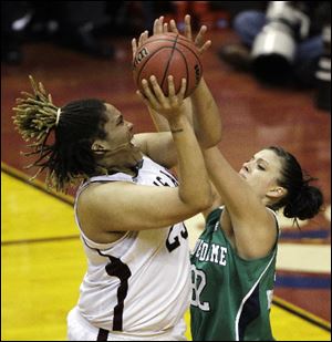 Texas A&M's Danielle Adams, left, shoots over Notre Dame's Becca Bruszewski.