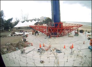 A screen grab from Cedar Point's Web cam shows construction work on the WindSeeker ride that has been promised to be ready for a charity event May 13. The park opens for the season the following day.