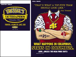 The back (left) and front (right) of a new T-shirt for sale by Smack Apparel takes a jab at Ohio State football coach Jim Tressel and his involvement  with lying about knowing his players were trading team memorabilia for tattoos and jewelry. It's one of many shirts that are becoming big sellers in Big Ten cities. 