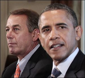 House Speaker John Boehner of Ohio listens at left as President Barack Obama speaks during a meeting Thursday with congressional leadership to discuss the debt.