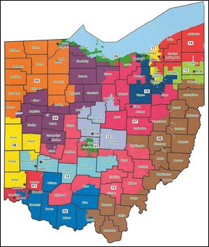 This map shows the proposed redistricting for Ohio's congressional districts. Orange = Bob Latta; Green = Marcy Kaptur; Purple = Jim Jordan.