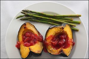 Baked Acorn Squash with Cranbery Compote and Citrus Glazed Asparagus,